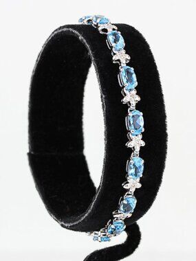 14K White Gold Oval Swiss Blue Topaz Diamond Tennis Bracelet Fine Jewelry Gift